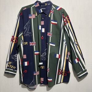 VTG 90s Nautica Sailboat Shirt XL Regatta Colorblock AOP USA UK Flag Blue Water